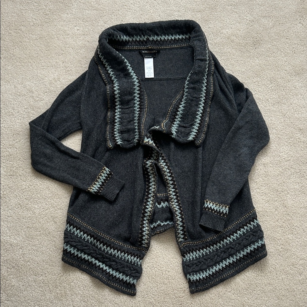 BCBGMaxAzria Open Front Shawl with Chevron/Cable Knit Trim - Cotton-Lambswool